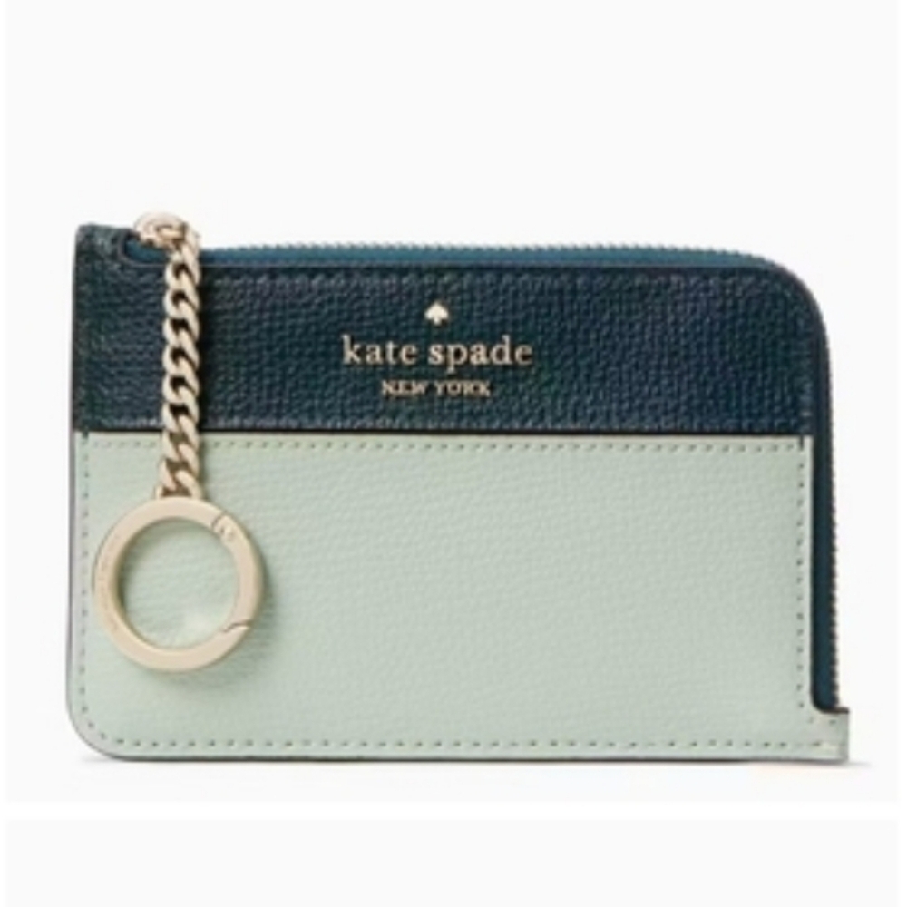 KATE SPADE 'DARCY' LEATHER CARD CASEÈ L-ZIP COLOR-BLOCK CUBE-LINK CHAIN
